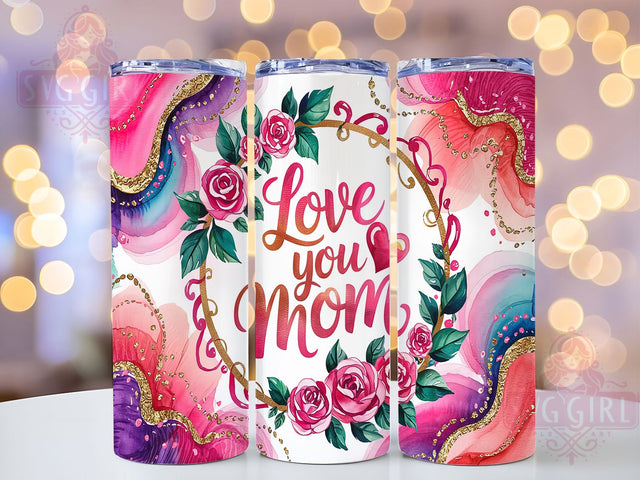 Pink Marble Floral Mom Gift Tumbler, Mother's Day Tumbler, Pink Marble Tumbler, Floral Sublimation Design, 20oz Skinny Tumbler, Love You Mom Wrap, Mom Gift Tumbler Sublimation SvggirlplusArt 