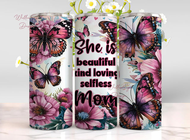 Pink Mom Tumbler Wrap, 20 oz Skinny Sublimation Tumbler Design, Mother's Day Sublimation Design Png, Floral Butterfly Tumbler Png Download Sublimation WillowSageDesign 