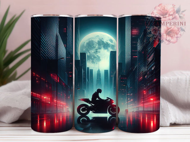 Pink Moonlight Motorcycle Tumbler, Pink Cityscape Wrap, Cool Rider Cup, Artistic Sublimation Design, Urban Gift Tumbler, Sweet Moonlight Wrap, Adorable City Cup Sublimation Li Zamperini 