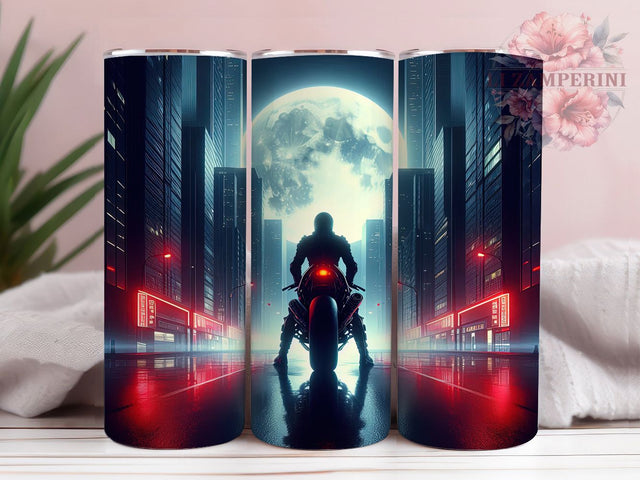 Pink Moonlight Motorcycle Tumbler, Pink Cityscape Wrap, Cool Rider Cup, Artistic Sublimation Design, Urban Gift Tumbler, Sweet Moonlight Wrap, Adorable City Cup Sublimation Li Zamperini 
