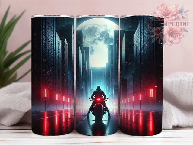 Pink Moonlight Motorcycle Tumbler, Pink Cityscape Wrap, Cool Rider Cup, Artistic Sublimation Design, Urban Gift Tumbler, Sweet Moonlight Wrap, Adorable City Cup Sublimation Li Zamperini 