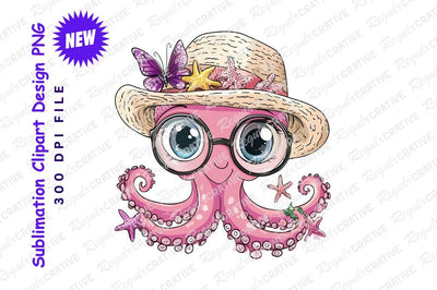 Pink octopus with glasses hat and starfish clipart png Sublimation Regulrcrative 