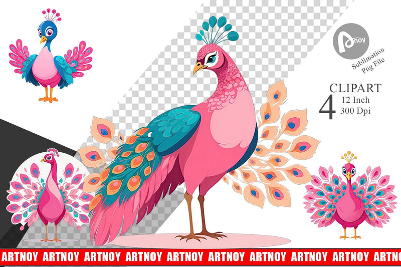 Pink Peacock Valentine Clipart Sublimation artnoy 
