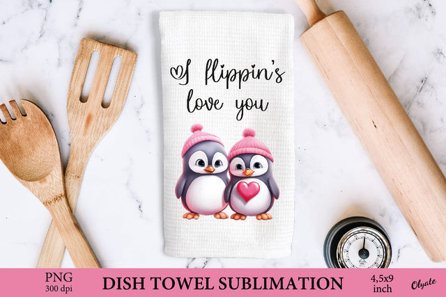 Pink Penguin Sublimation. Valentines Day Dish Towel PNG Sublimation Olga Terlyanskaya 