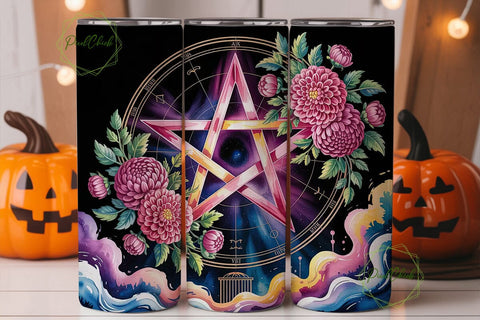Pink Pentagram Floral 20oz Tumbler Wrap Sublimation PixelChick 