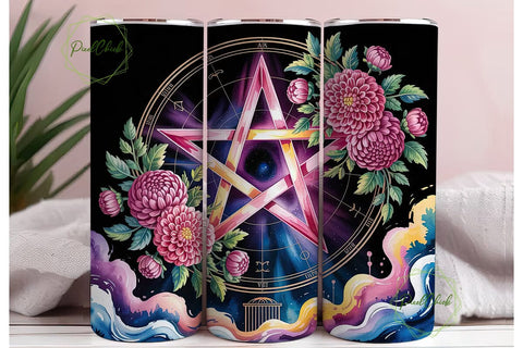 Pink Pentagram Floral 20oz Tumbler Wrap Sublimation PixelChick 