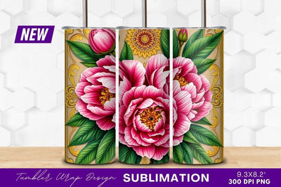Pink peonies with mandala and gold frame Sublimation Regulrcrative 