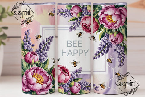 Pink Peony Bee Happy Tumbler Wrap PNG Sublimation sassyprint 
