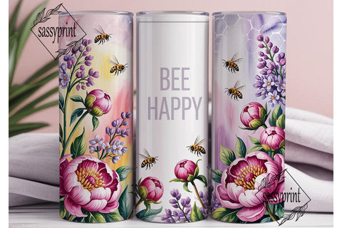 Pink Peony Bee Happy Tumbler Wrap PNG Sublimation sassyprint 