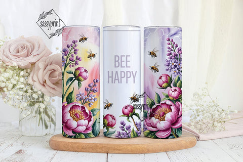 Pink Peony Bee Happy Tumbler Wrap PNG Sublimation sassyprint 