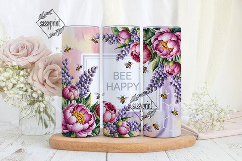 Pink Peony Bee Happy Tumbler Wrap PNG Sublimation sassyprint 