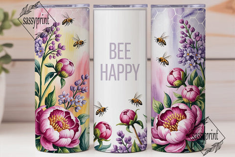 Pink Peony Bee Happy Tumbler Wrap PNG Sublimation sassyprint 