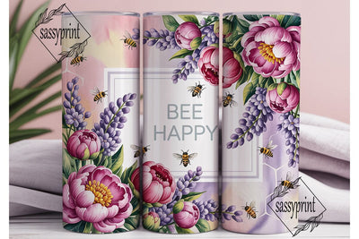 Pink Peony Bee Happy Tumbler Wrap PNG Sublimation sassyprint 