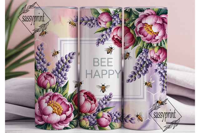 Pink Peony Bee Happy Tumbler Wrap PNG Sublimation sassyprint 