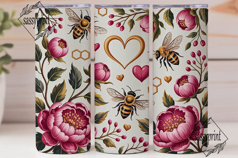 Pink Peony Bee Love 20oz Tumbler Wrap Sublimation sassyprint 
