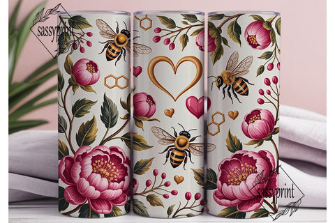Pink Peony Bee Love 20oz Tumbler Wrap Sublimation sassyprint 