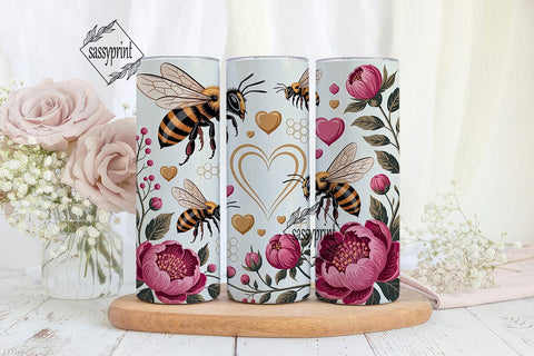Pink Peony Bee Love 20oz Tumbler Wrap Sublimation sassyprint 