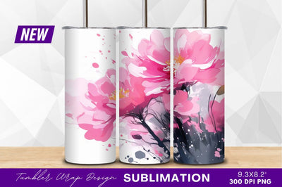 Pink peony flowers watercolor style tumbler png Sublimation Regulrcrative 