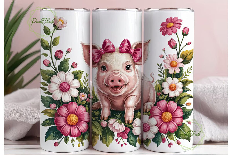 Pink Pig & Daisy Floral 20oz Tumbler Sublimation PixelChick 