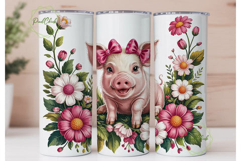 Pink Pig & Daisy Floral 20oz Tumbler Sublimation PixelChick 