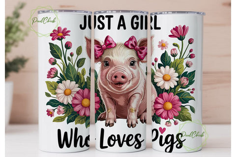Pink Pig & Daisy Floral 20oz Tumbler Sublimation PixelChick 