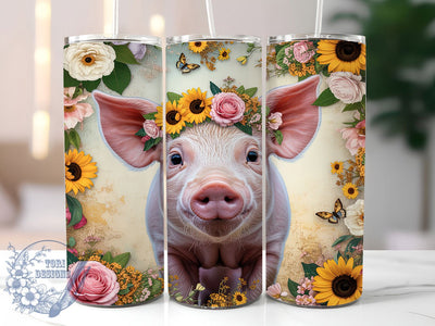 Pink Piglet Sunflower Rose 20oz Tumbler, Pink Piglet, Sunflower Motif, Rose Accent, Sublimation Wrap, 20oz Tumbler, Whimsical Aesthetic, Cute Charm Sublimation ToriDesigns 