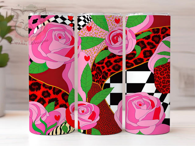 Pink Plaid Leopard Rose Tumbler, Pink Plaid Valentine Pattern, Romantic Animal Print Design, 20Oz Sublimation Wrap, Chic Rose Art, Love Plaid Texture, Tumbler Sublimation Sublimation Lara' s Designs 