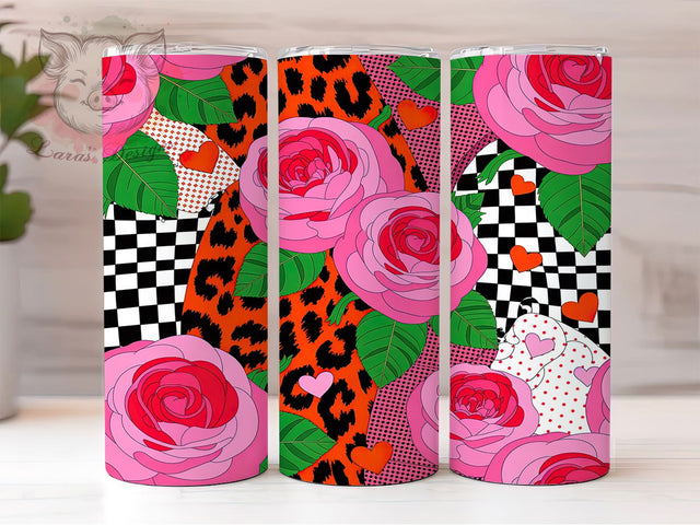 Pink Plaid Leopard Rose Tumbler, Pink Plaid Valentine Pattern, Romantic Animal Print Design, 20Oz Sublimation Wrap, Chic Rose Art, Love Plaid Texture, Tumbler Sublimation Sublimation Lara' s Designs 