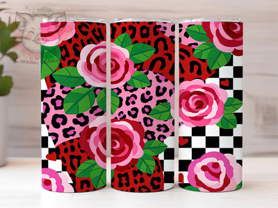 Pink Plaid Leopard Rose Tumbler, Pink Plaid Valentine Pattern, Romantic Animal Print Design, 20Oz Sublimation Wrap, Chic Rose Art, Love Plaid Texture, Tumbler Sublimation Sublimation Lara' s Designs 
