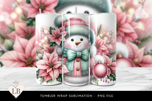Pink Poinsettia Snowman Tumbler Wrap Sublimation BijouBay 