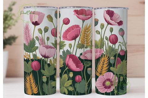 Pink Poppy Floral 20oz Tumbler Wrap Sublimation PixelChick 