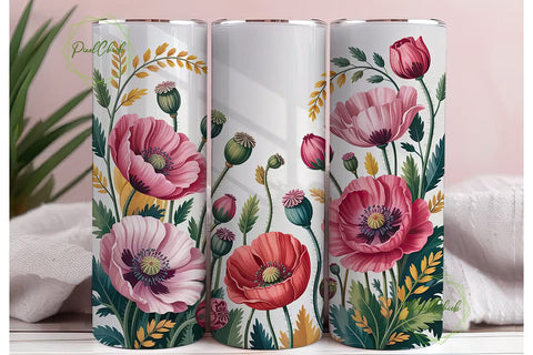 Pink Poppy Floral 20oz Tumbler Wrap Sublimation PixelChick 
