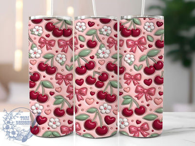 Pink Puffy Cherry Bows 20oz Tumbler, Pink Puffy Cherry Bows, 20oz Tumbler Wrap, Sublimation Design, Cute Fruit Art, Digital Download, Tumbler PNG, Puffy Cherry Bow Wrap Sublimation ToriDesigns 