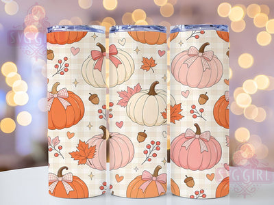 Pink Pumpkin Bow Fall 20oz Tumbler, Pumpkin Motif, Pink Art Design, Bow Theme, Fall Accent, Whimsical Charm, Sublimation Wrap, 20oz Tumbler Sublimation SvggirlplusArt 