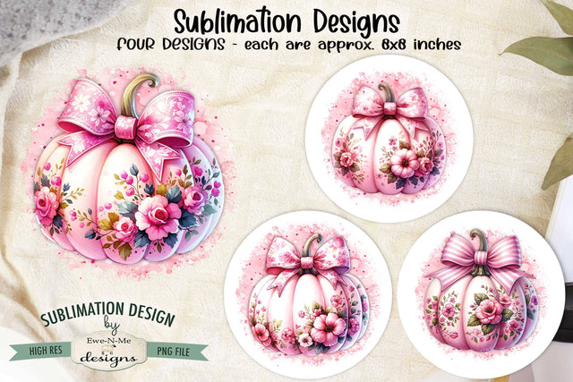 Pink Pumpkins with Bows Sublimation Designs | 4 PNG Designs Sublimation Ewe-N-Me Designs 