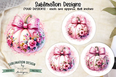 Pink Pumpkins with Bows Sublimation Designs | 4 PNG Designs Sublimation Ewe-N-Me Designs 