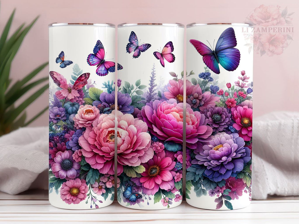 Pink Purple Flowers Butterfly 20oz Tumbler Wrap PNG, Floral Butterfly ...