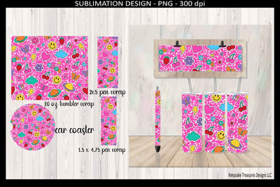 Pink Retro Sticker Icon Tumbler Wrap PNG Bundle – 20oz Straight Sublimation Design, Car Coaster & Pen Wrap Set, Teacher Gift Sublimation Keepsake Treasures Designs LLC. 