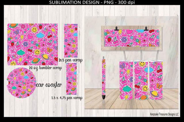 Pink Retro Sticker Icon Tumbler Wrap PNG Bundle – 20oz Straight Sublimation Design, Car Coaster & Pen Wrap Set, Teacher Gift Sublimation Keepsake Treasures Designs LLC. 