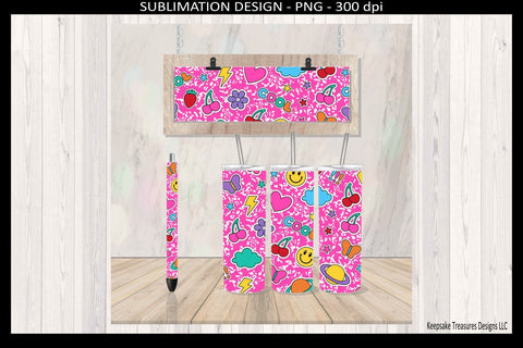 Pink Retro Sticker Icon Tumbler Wrap PNG Bundle – 20oz Straight Sublimation Design, Car Coaster & Pen Wrap Set, Teacher Gift Sublimation Keepsake Treasures Designs LLC. 