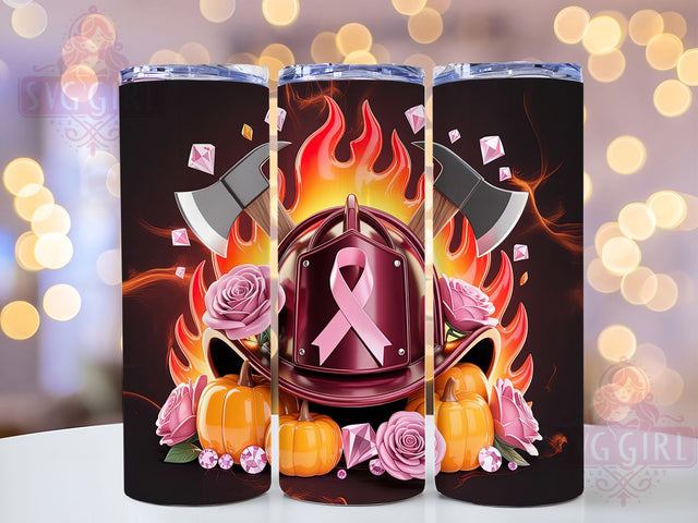 Pink Ribbon Firefighter Awareness Tumbler, Breast Cancer Awareness Wrap, 20oz Tumbler Sublimation, Halloween Hero Design, Support Firefighter Tumbler, Spooky Awareness Wrap, Courage and Hope Sublimation Sublimation SvggirlplusArt 