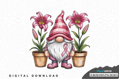 Pink ribbon gnome with lilies sublimation png design Sublimation Regulrcrative 