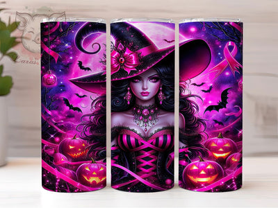 Pink Ribbon Halloween Witch Tumbler Wrap, Pink Ribbon Mug, Breast Cancer Awareness, 20Oz Tumbler Wrap, Sublimation Design, Spooky Support Print, Witchy Awareness Gift Sublimation Lara' s Designs 