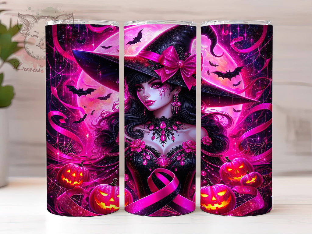 Pink Ribbon Halloween Witch Tumbler Wrap, Pink Ribbon Mug, Breast ...