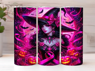 Pink Ribbon Halloween Witch Tumbler Wrap, Pink Ribbon Mug, Breast Cancer Awareness, 20Oz Tumbler Wrap, Sublimation Design, Spooky Support Print, Witchy Awareness Gift Sublimation Lara' s Designs 