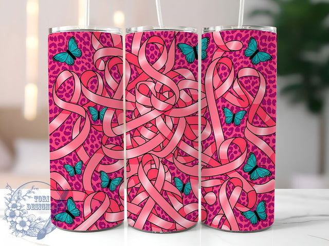 Pink Ribbon Leopard 20oz Tumbler, Glitter Tumbler, Breast Cancer Awareness, Pink Ribbon, Sublimation Wrap, 20Oz Tumbler, Leopard Print Sublimation ToriDesigns 