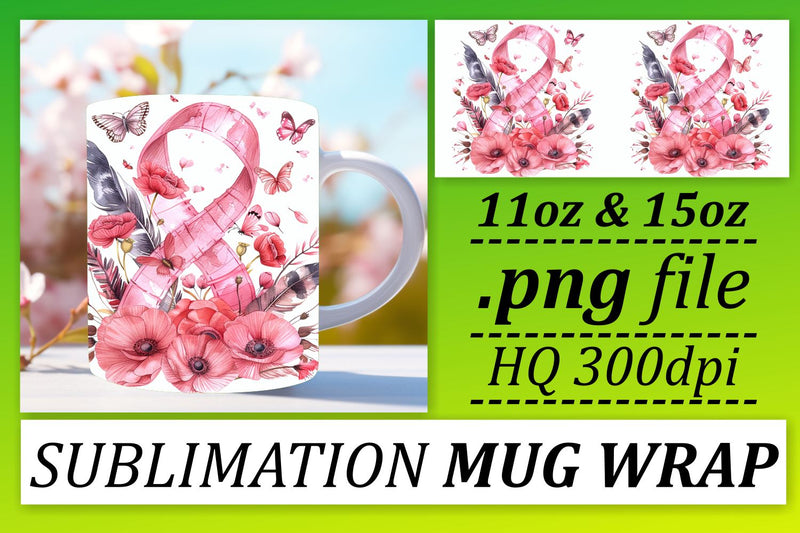 Pink Ribbon Mug Sublimation – 11oz & 15oz Awareness Wrap Sublimation afrosvg 