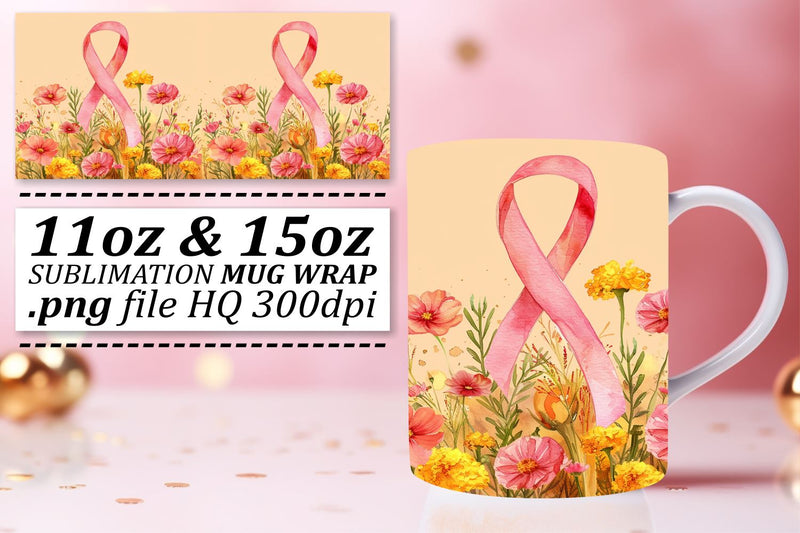 Pink Ribbon Mug Wrap – 11oz & 15oz Sublimation Design for Awareness Sublimation afrosvg 
