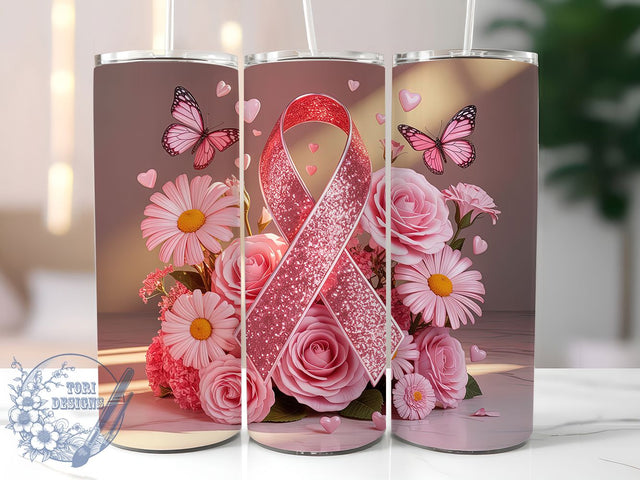 Pink Ribbon Roses Survivor 20oz Tumbler, Pink Ribbon, Roses Tumbler, Survivor Support, Hope Strength, Sublimation Wrap, 20Oz Tumbler Sublimation ToriDesigns 