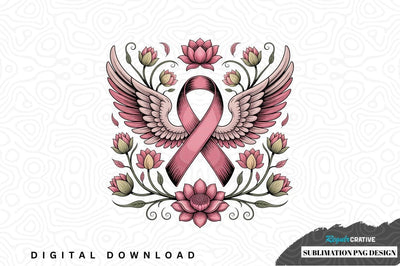 Pink ribbon with wings and flowers sublimation png design Sublimation Regulrcrative 
